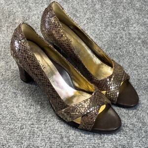 Taryn Rose Metallic Snakeskin Peep Toe Block Heel Women's EUR 38 Made Italy